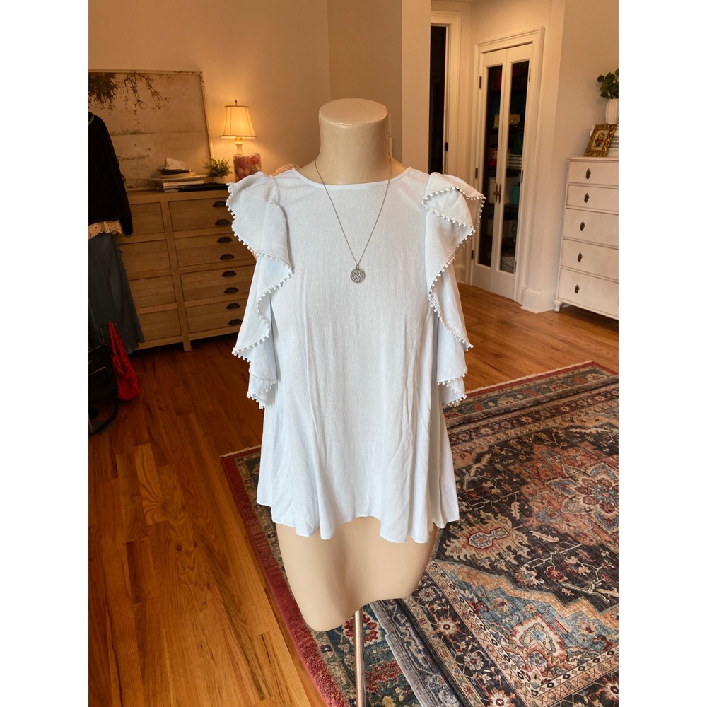 Rebecca Minkoff Light Blue‎ Ruffle Pom-Pom Trim Keyhole Back Blouse XS